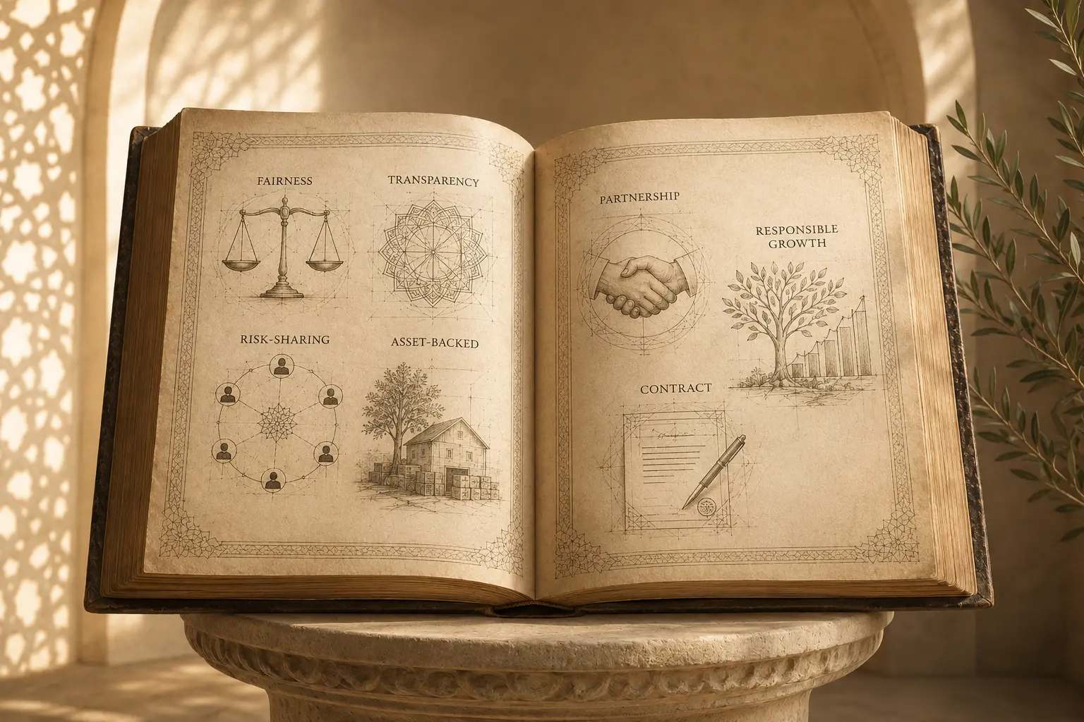 An open illustrated book on a stone stand, its pages showing drawings labelled fairness, transparency, risk-sharing, asset-backed, partnership, contract and responsible growth.