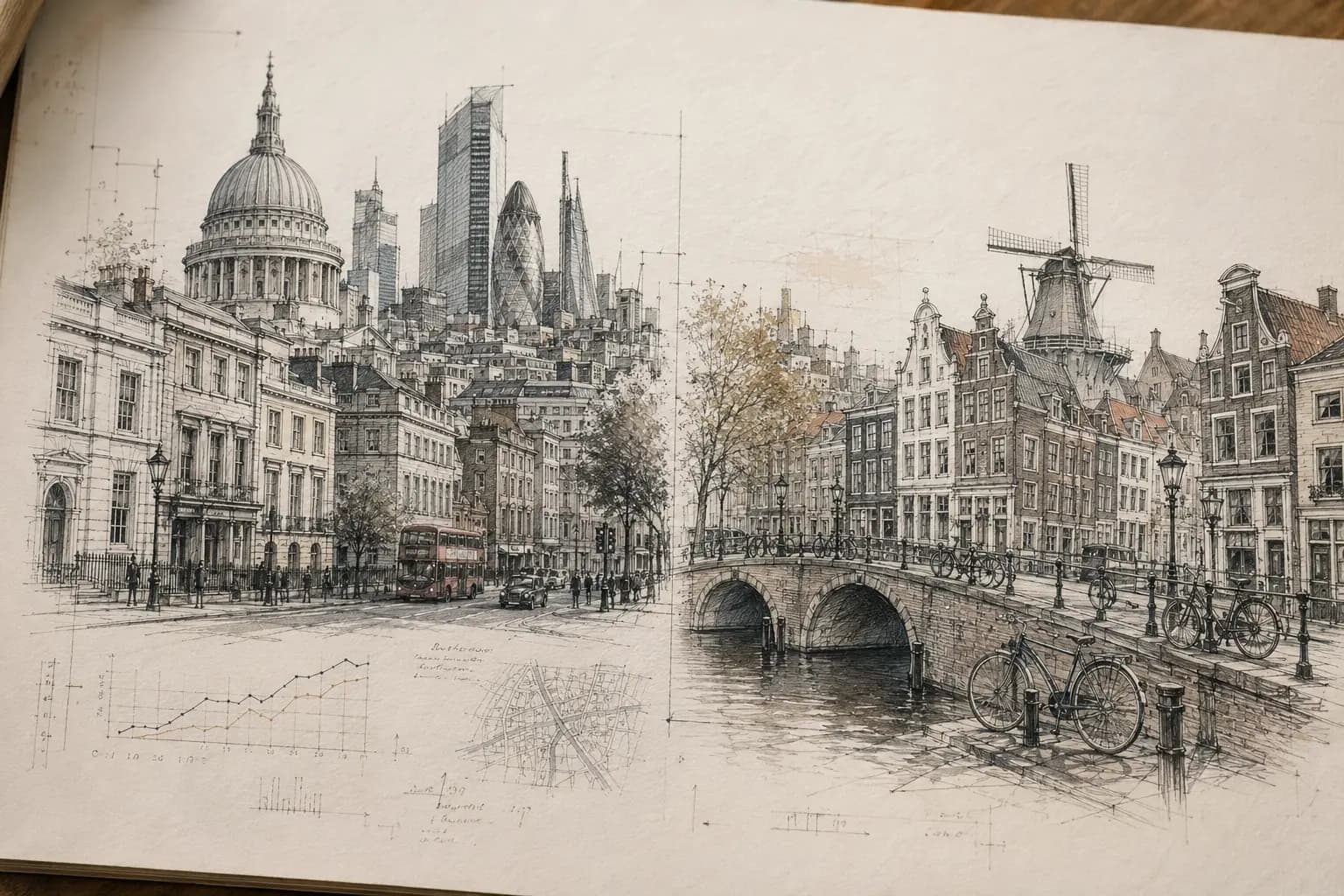 An open sketchbook with pen drawings of a London skyline on the left page and an Amsterdam canal on the right, annotated with small charts.