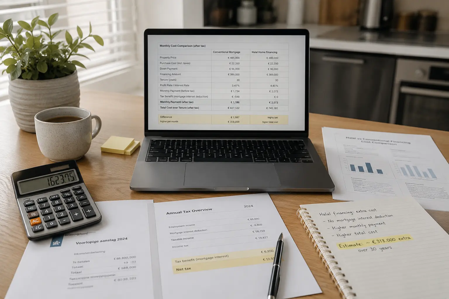 A kitchen table with a laptop showing a side-by-side cost comparison of conventional and halal financing, beside a tax assessment, a calculator and handwritten notes.