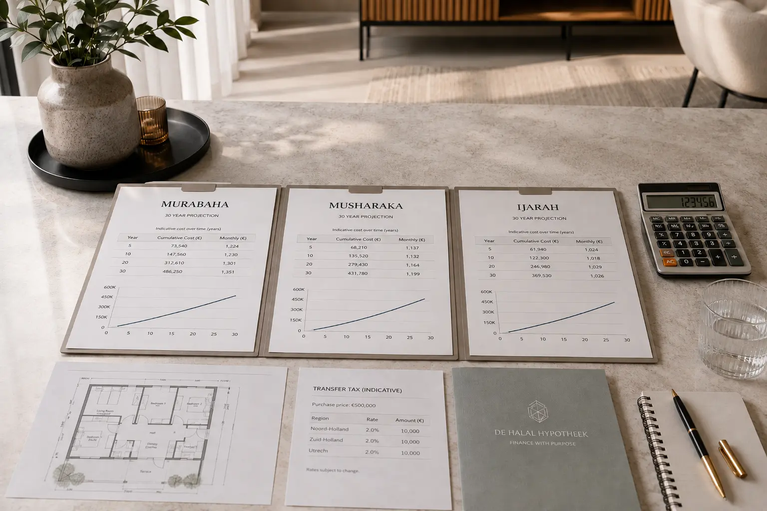 Three clipboards on a table headed Murabaha, Musharaka and Ijarah, each showing a thirty-year cost projection, beside a floor plan, a transfer tax sheet and a calculator.