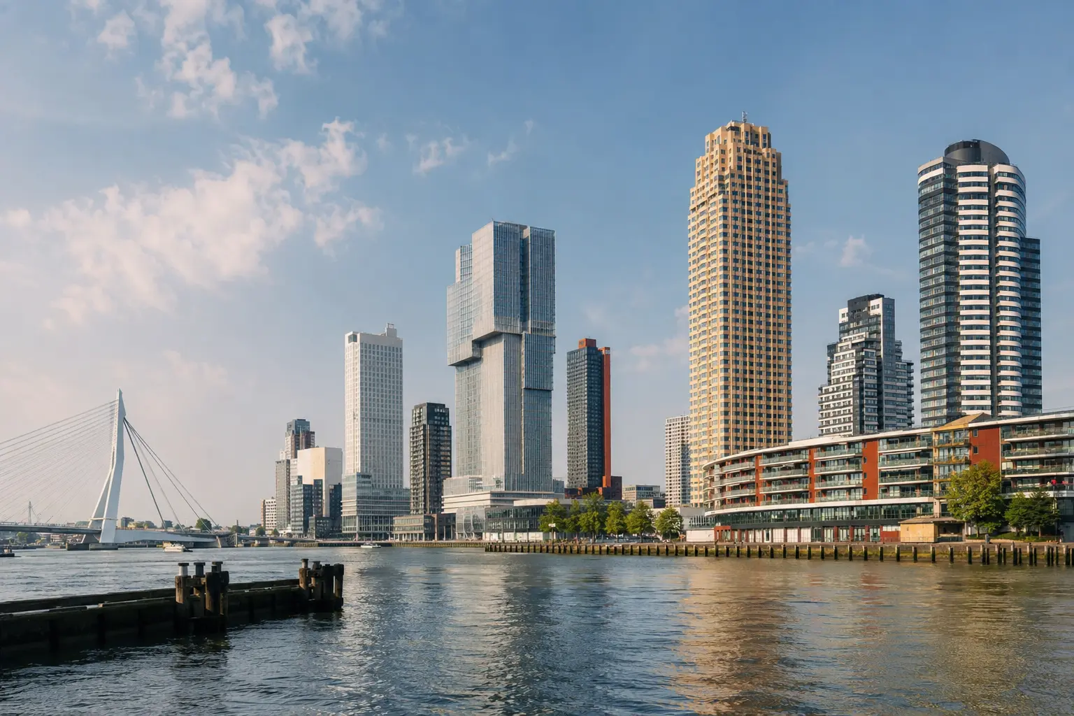 De Rotterdamse waterkant gezien over de Maas, met links de Erasmusbrug en daarachter de torens van de Kop van Zuid.