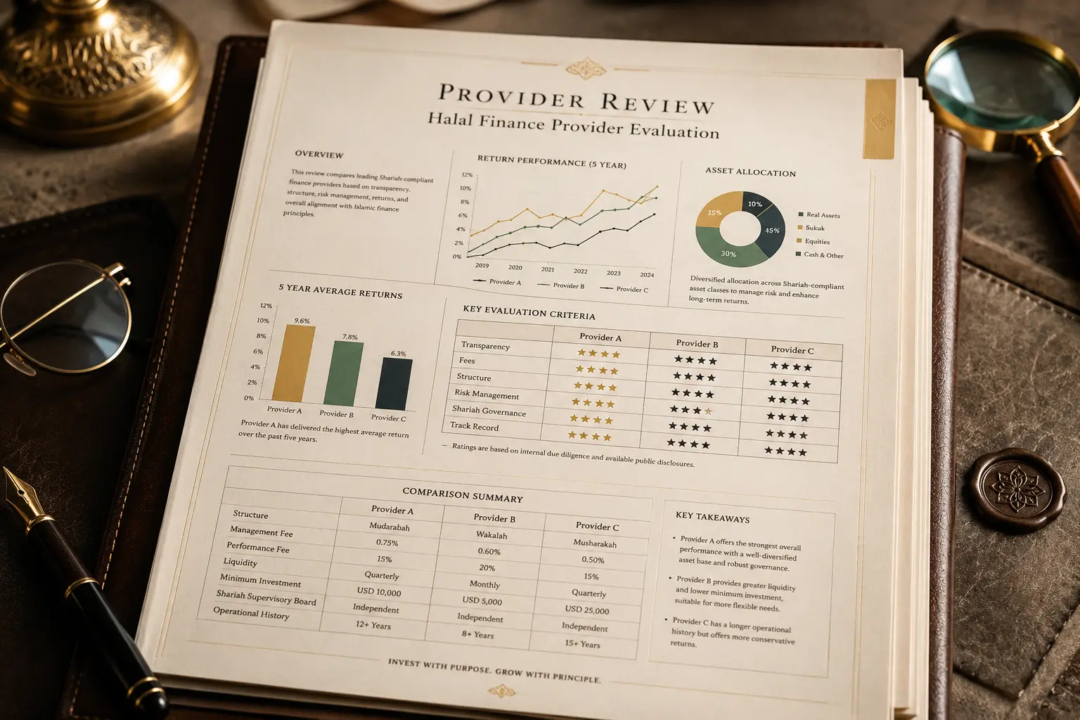 A printed provider evaluation on a desk, showing a comparison table of transparency, fees, structure, risk management and shariah governance across three unnamed providers.